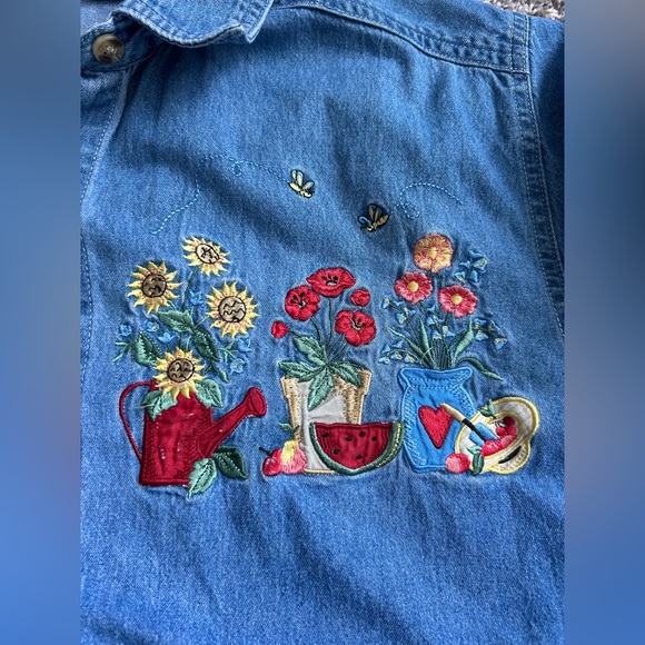 Bobbie Brooks Vintage Novelty Garden Themed Denim Button up shirt XL - Picture 3 of 9
